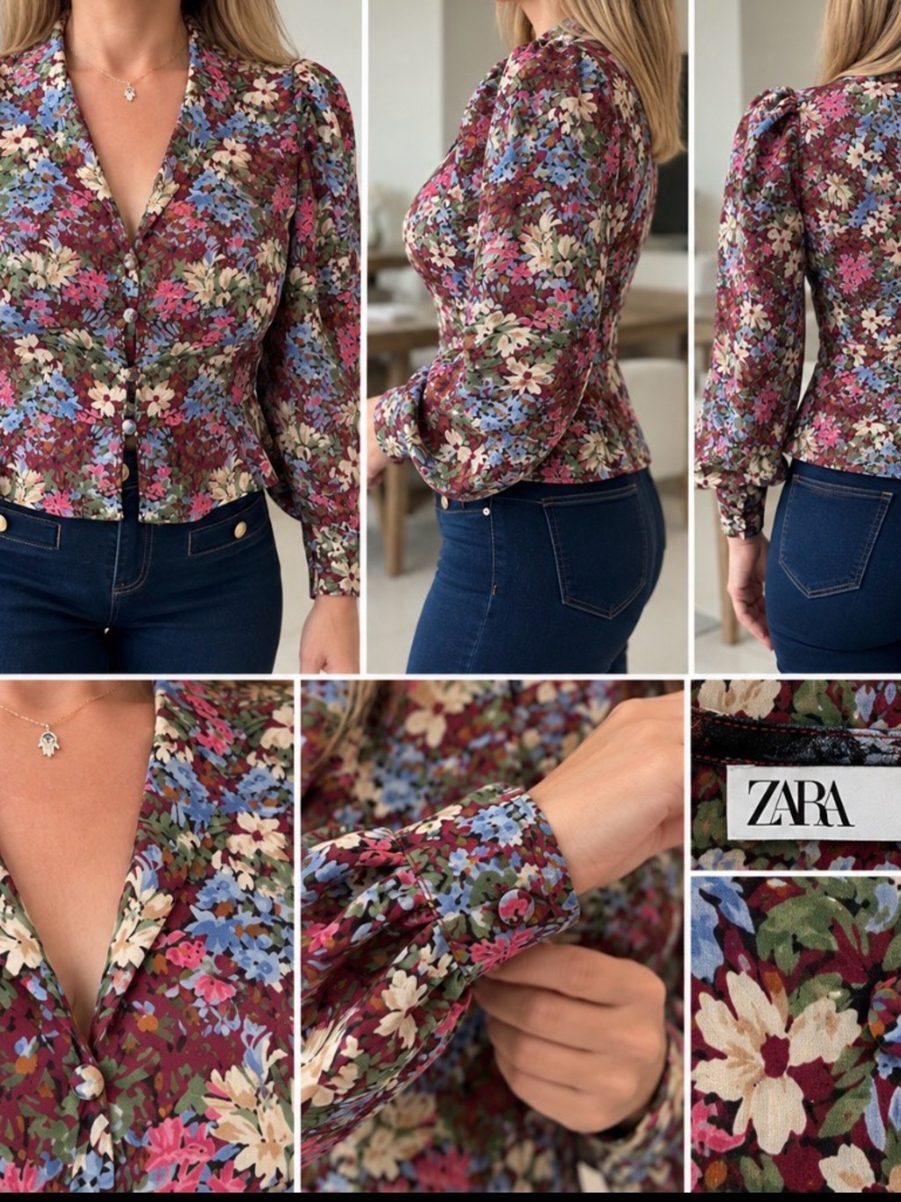 Zara Burgundy Multi Floral Puff-Sleeve Button Front Blouse size M